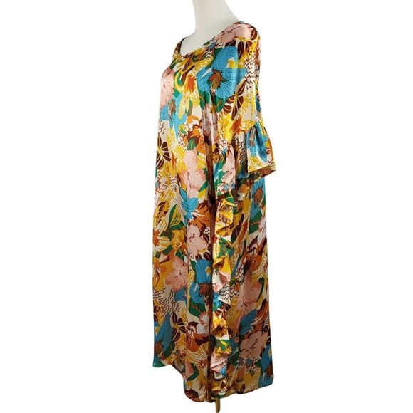 NEW Easel Small - Large Multi-Color Kaftan Style Maxi Dress Ruffle Sides Pockets - Picture 7 of 16